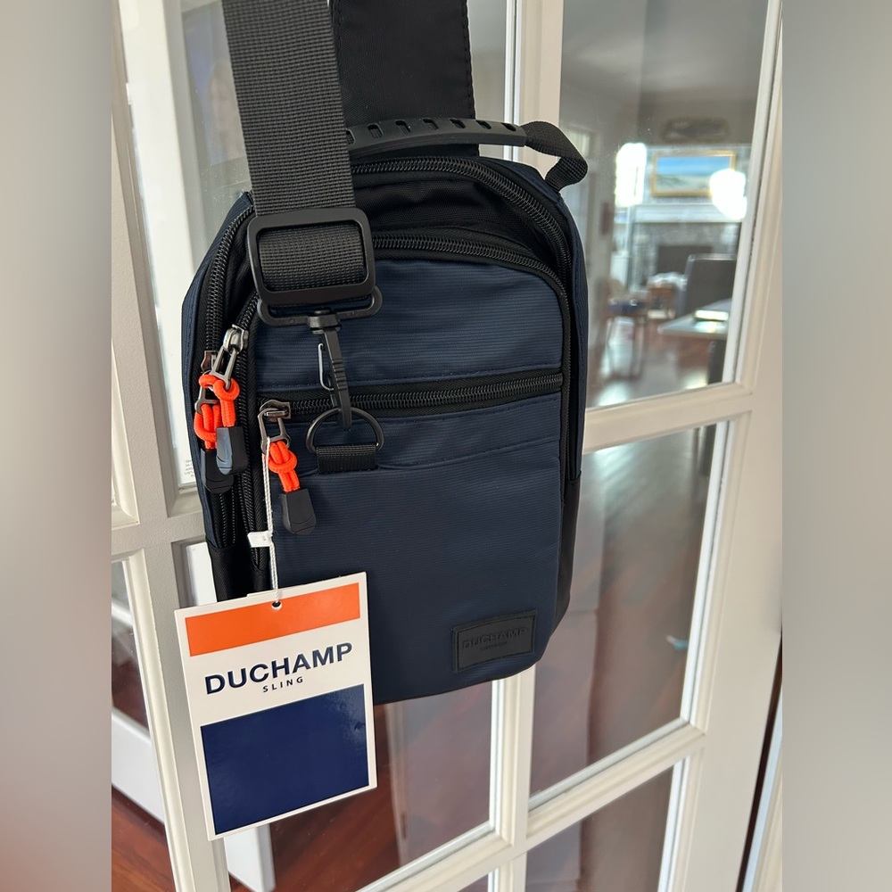 NWT Duchamp Midnight Blue and Ebony Black Sling Crossbody Bag